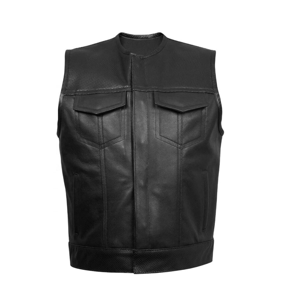 Men's Black Cowhide Leather Motorcycle Vest
